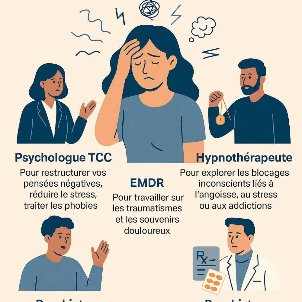 Quand consulter un psychologue, un psychiatre ou un hypnothérapeute pour le stress, l’angoisse ou les addictions ?